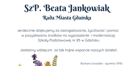 Powiększ grafikę: Dyplom dla pani Beaty Jankowiak za pomoc w pozyskanie środków na wyposażenie SP-85