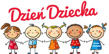 Powiększ grafikę: Piątka małych uśmiechniętych dzieci trzymających się za ręce. Na górze czerwony napis Dzień Dziecka