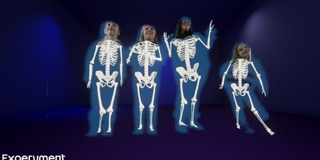 Powiększ grafikę: 4 rysunki białych kościotrupów z głowami dzieci na granatowym tle