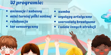 Powiększ grafikę: Plakat: na błękitnym tle na dole plakatu 5 dzieci, powyżej niebieski tekst z opisem jakie będą atrakcje w Dniu Sąsiedzkim