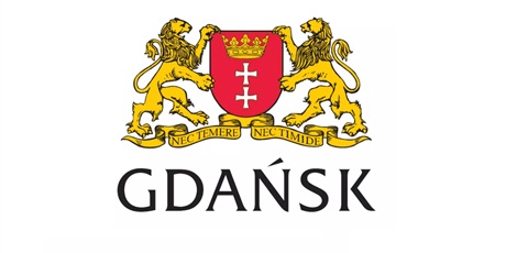 Powiększ grafikę: Herb Gdańska - 2 żółte lwy trzymają herb gdańska. Na dole napis GDAŃSK
