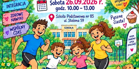 Powiększ grafikę: Kolorowy plakat XXIV Rodzinny Osiedlowy Festyn Sportowy: 4 uśmiechnięte postaci - 2 dzieci 2 dorosłych na tle szkoły