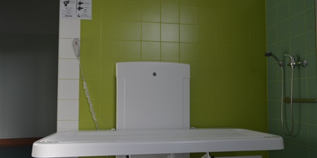 Powiększ grafikę: Łazienka dla osób niepełnosprawnych: na ścianach kafle w kolorach białym i zielonym. Na środku umieszczone jest łóżko do kąpieli i bateria prysznicowa. 