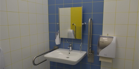 Powiększ grafikę: Umywalka z lustrem: z lewej i prawej strony uchwyty dla osób niepełnosprawnych. Po prawej stronie na okaflowanej ścianie wisi pojemnik na papier do rąk.ik 