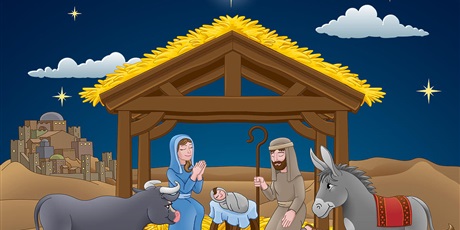 Powiększ grafikę: Szopka bożonarodzeniowa z Maryją. Józefem, dzieciątkiem, osiołkiem, krową i barankiem.
